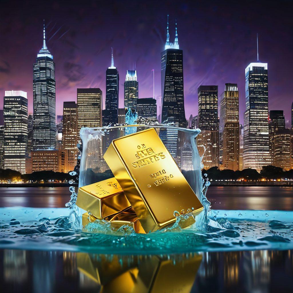 An eye-catching collage showcasing a stock market chart blending seamlessly into images of vibrant commodities like gold, oil, and crops. Alongside, include a refreshing glass of water with droplets, symbolizing hydration's impact on decision-making. The background features a dynamic city skyline, hinting at financial growth. Bright colors and contrasting elements create an energetic atmosphere. super-realistic. vibrant colors. 3D.