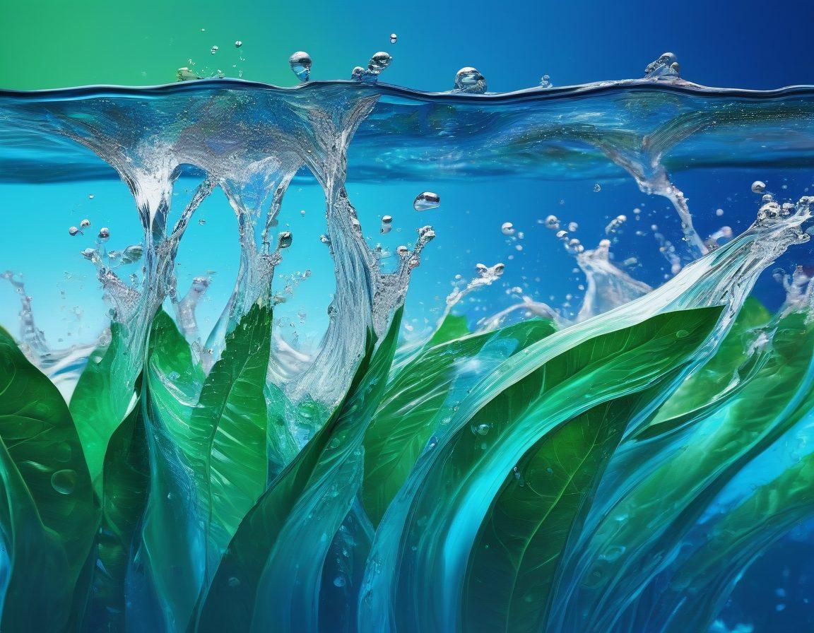 Create an abstract representation of financial markets with flowing water elements symbolizing hydration intertwined with stock market graphs and currency symbols. Incorporate vibrant blue hues to represent water and green tones to evoke growth and success, merging the concepts of finance and optimal hydration. super-realistic. vibrant colors. 3D.