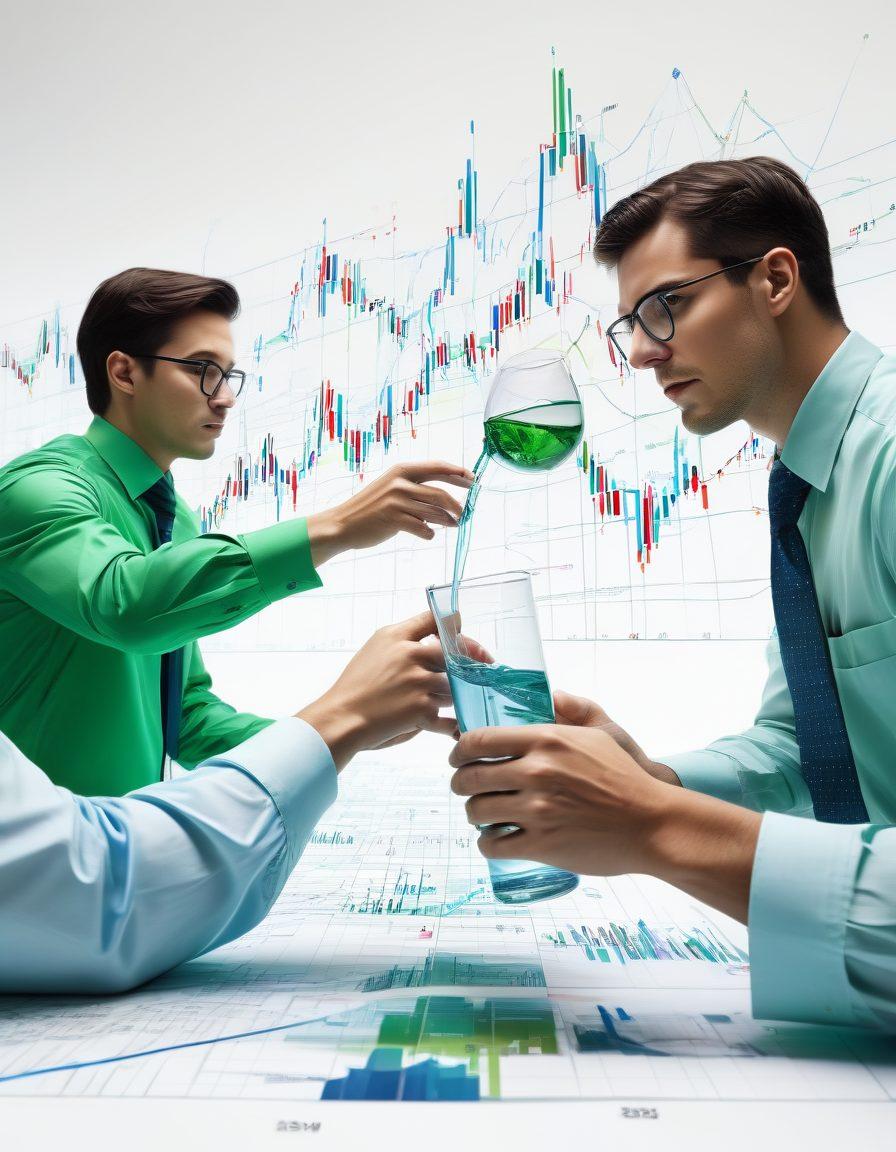 A captivating visual depicting a dynamic stock market scene intertwined with vibrant water elements, showing traders with glasses of water while analyzing charts, symbolizing hydration and focus. Include a mix of green and blue hues to represent growth and fluidity, with abstract financial graphs in the background. super-realistic. vibrant colors. white background.